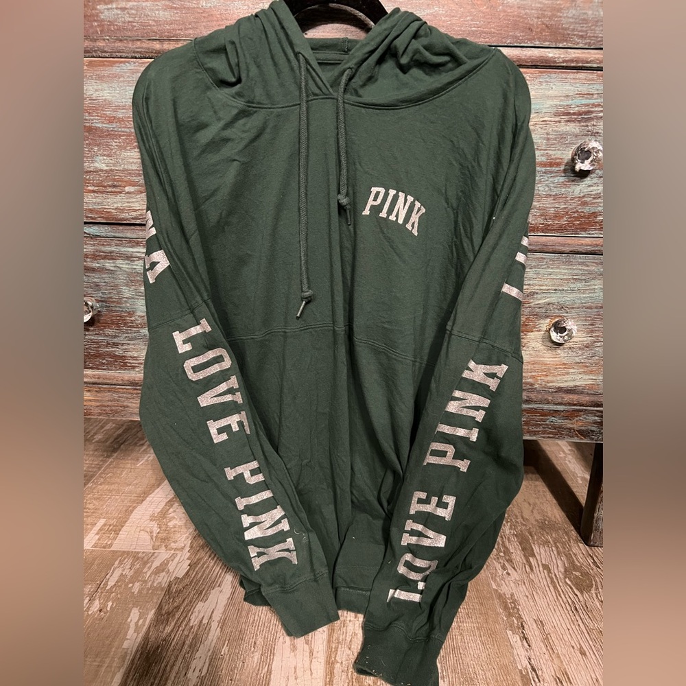 EUC!PINK Victorias Secret Forest Green Long Sleeve Silver Logo Hoodie Tee! Sz-L!